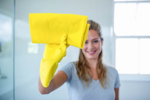 Carpet cleaning team preparing a safe work area with equipment and protective measures